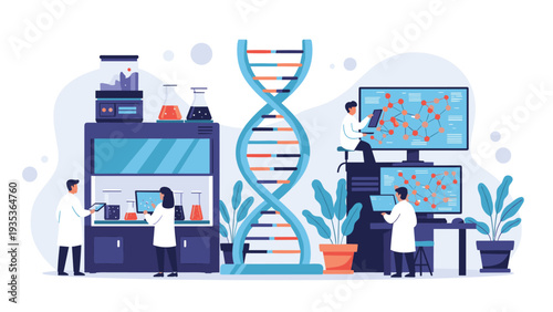 Scientists and researchers conducting advanced genetic experiments in a high-tech laboratory with large DNA models and screens.