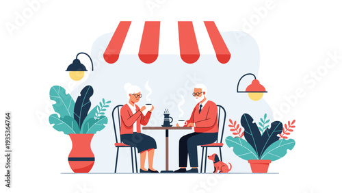 Elderly couple enjoying a cup of coffee and conversation at an outdoor cafe table under a red striped awning with their pet dog.