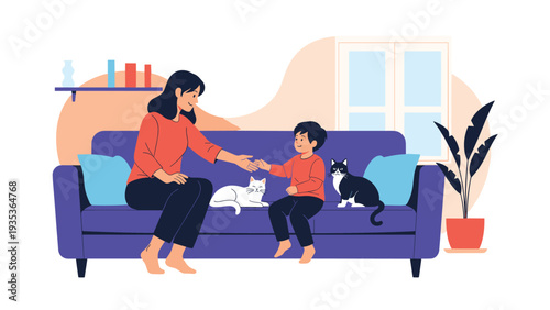 Happy mother and her young son playing with two pet cats while sitting on a comfortable blue sofa in a bright home living room.