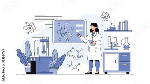Female scientist in a lab coat pointing at a chemical molecule structure on a digital screen in a modern research laboratory.