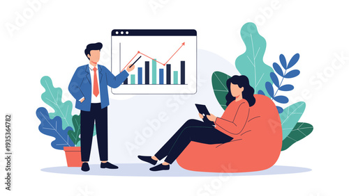 Professional man presenting business growth charts to a woman sitting in a bean bag chair and working on her digital tablet.