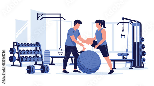 Professional fitness trainer helping a woman with leg stretching exercises using a large blue stability ball in a modern gym.