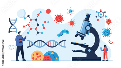 Large microscope surrounded by scientists, DNA strands, and various virus and molecule symbols in a medical research concept.