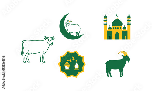Islamic sacrifice animals cow sheep goat and mosque vector illustration silhouette graphic