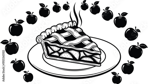 Cad drawing flat vector illustration of a hot apple pie slice on a plate surrounded by small apple fruit silhouettes