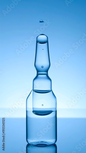 Close-up of a glass ampoule with liquid and a drop about to fall