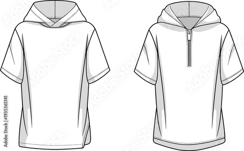 Short sleeve hoodie mockup template, front and back view, blank hooded t shirt design, casual sportswear apparel vector illustration outline
