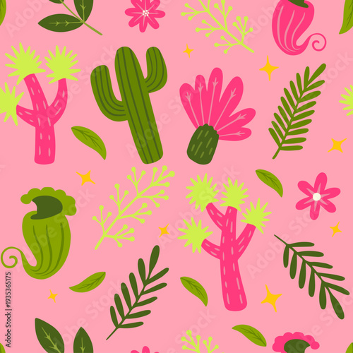 Pattern illustration with sequoia leaves, wollemi pine, joshua tree, and pitcher plant, among others. Plants that are threatened with extinction due to fire. 
