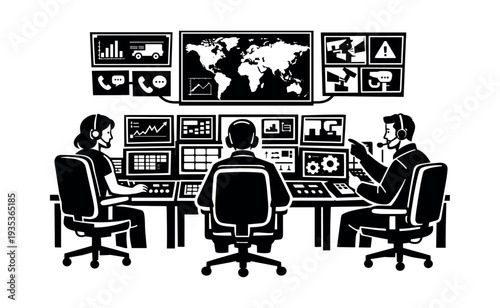 Operators managing a mission control center, overseeing security, global logistics, and dispatch operations