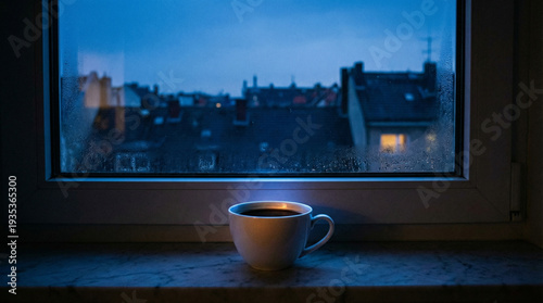 White coffee cup on a window sill on a rainy night. City view with blue evening light through wet glass
