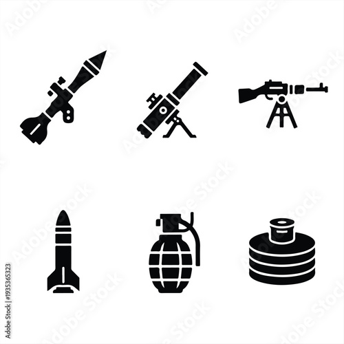 A collection of black and white icons depicting various military weapons and explosives