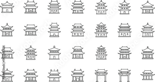 Asian temple and pagoda architecture line icon set, traditional Chinese Japanese shrine buildings collection, cultural landmark vector illustration