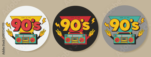 Retro ninety boombox sticker set with round badges vector illustration.