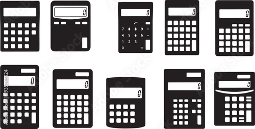 Collection of various calculator icons in black and white