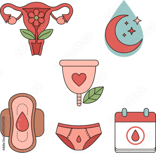 Menstruation related icons showing uterus, menstrual cup, pad, period panties, cycle calendar, and blood drop for women's health