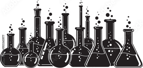 Black and white illustration of laboratory equipment beakers flasks