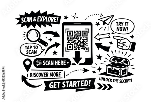 Concepts illustrating a digital journey; hand holding mobile phone displaying a QR code, surrounded by doodle elements and text banners