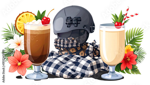 Tropical coconut and pineapple cocktail drinks vector illustration with flowers cherries citrus slices straws and palm leaves