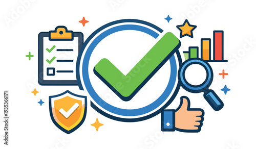 Illustrating successful quality control, inspection, compliance, and approval processes with various related icons and symbols