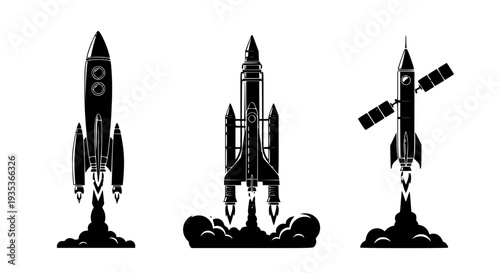 Professional Rocket Launch Silhouette Icons – Detailed Vector Spacecraft Set
