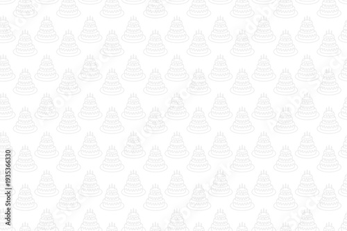 Birthday cake decorated with candles. Gray sketch. Three-tiered sponge cake on a plate. Seamless vector pattern. Festive repeating ornament. Dessert covered with flowing icing. Doodle style. 
