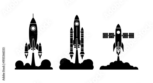 Rocket Launch Icons Set – Flat Black Vector Spacecraft Silhouettes on White Background