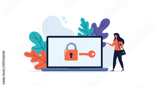 Concerned woman looking at a laptop computer displaying a large red security lock and key representing digital data protection and safety.