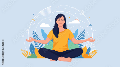 Calm woman sitting in a lotus pose practicing yoga and meditation surrounded by vibrant green leaves and abstract decorative elements.