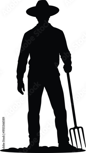 Farmer holding pitchfork silhouette, rural agriculture worker standing isolated on white background farming lifestyle vector illustration concept