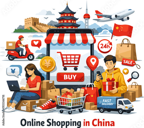 Create a realistic Online shopping in China concept vector art with white background..