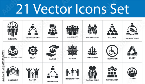 Social Community solid icons set. People network, cooperation, caring, family, social care, inclusion, unity. Society community solid icons collection containing people symbols.