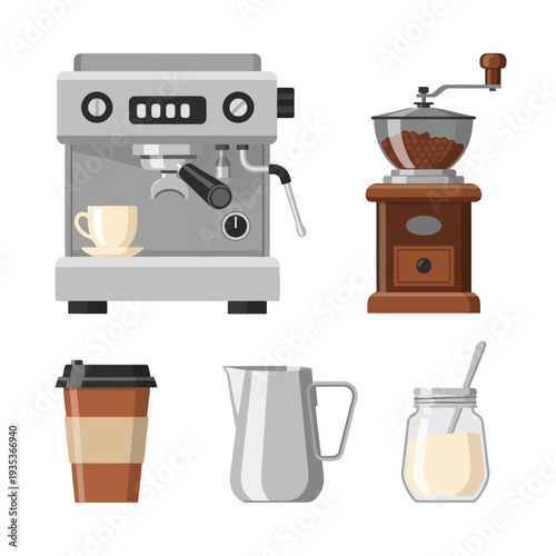 Coffee shop illustration featuring espresso machine, grinder, cups, and creamer in a modern setting from a straightforward viewpoint