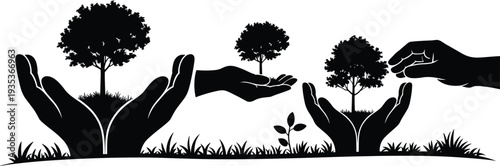 Hands holding growing trees silhouette, environmental conservation and sustainability vector illustration isolated on white background concept