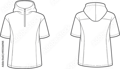 Short sleeve hoodie mockup template, front and back view, blank sports hooded t shirt design, casual apparel vector illustration outline