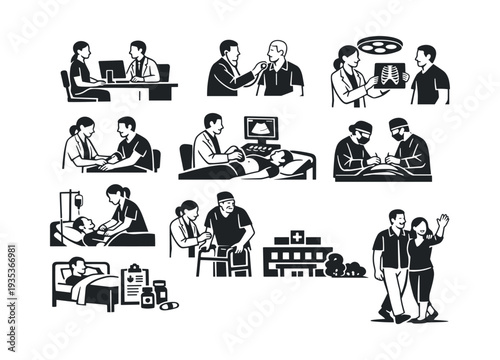Various healthcare icons depicting doctors and nurses working together, consulting patients, performing surgery, and caring for recovering individuals