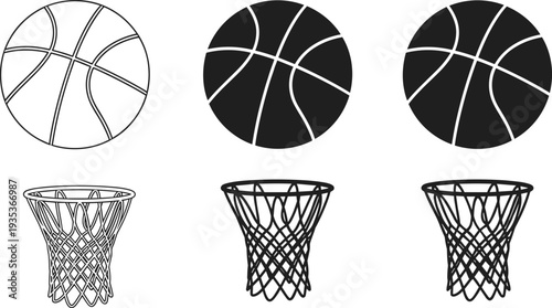 Cad drawing flat vector illustration of basketball ball and net icon set with outline and silhouette styles for sports competition