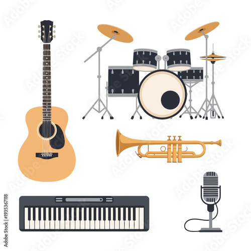 Various musical instruments including guitar, drum set, trumpet, keyboard, and microphone arranged together on white background, depicted in a flat illustration style from a straightforward viewpoint