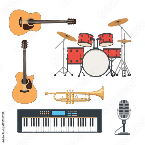Collection of musical instruments including guitar, drums, trumpet, keyboard, and microphone arranged in a flat layout.