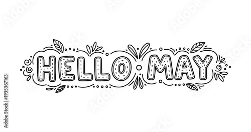 Spring hand-drawn lettering with flowers, leaves. Black and white doodle illustration with playful seasonal elements.