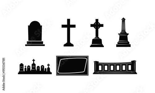 Cemetery grave markers and monuments silhouette illustrations vector line art