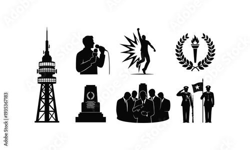 Broadcast tower vector and political speaker silhouette illustration for public news event