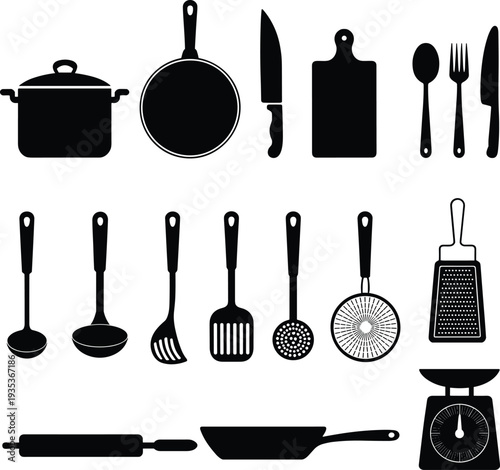 Kitchen utensils and cookware silhouette set, cooking tools vector illustration isolated on white background collection design
