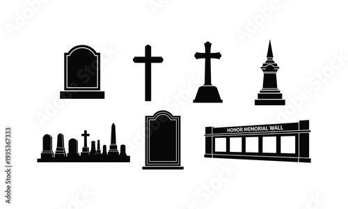 Gravestone vector illustration set, crosses, memorial wall, cemetery line art