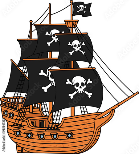 Cartoon pirate ship with black skull sails illustration isolated on white background for kids adventure design, fantasy themes, and nautical party projects