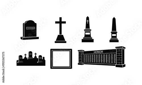 Graveyard headstone vector and memorial wall silhouette illustration for cemetery honor art
