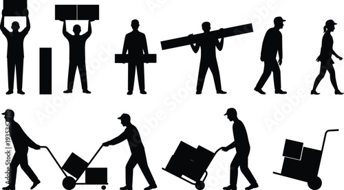 Warehouse workers carrying boxes silhouette, manual material handling and logistics operations vector isolated on white background concept