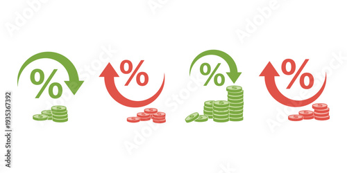 Percent symbols with arrows indicating change alongside stacks of green and red coins, representing financial fluctuations