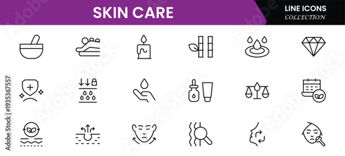 Skin care line icons set. Moisture cream, acid, anti wrinkle serum, creamed, collagen. Pixel perfect, minimalistic web and UI icon.Thin line icon collection. Vector illustration.