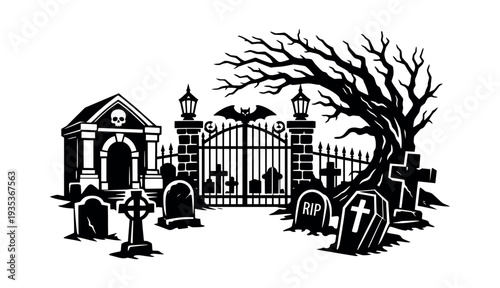 Cemetery scene with a spooky gate, a dead tree, tombstones, and crypt, perfect for Halloween and gothic themes