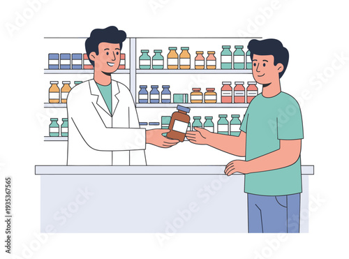 Pharmacist giving medicine to a customer at the drug store counter, with shelves full of pharmaceutical bottles in the background
